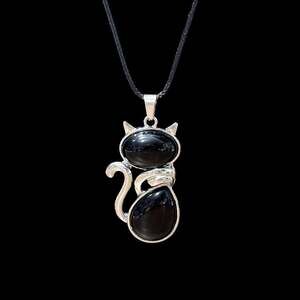 Obsidian Crystal Cat Pendant Black Cord Necklace